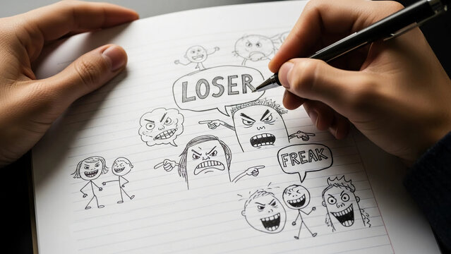 A pair of hands holding a pen draws negative words and faces in a notebook. The sketches depict themes of bullying, anxiety, and social exclusion.