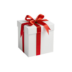 Obraz premium Plain white box tied with elegant red ribbon, isolated on black