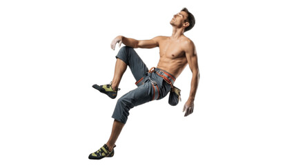 Strong male rock climber with chalked hands and harness floating in seated position against white background, representing strength, balance, focus and challenging routes of modern sport climbing

