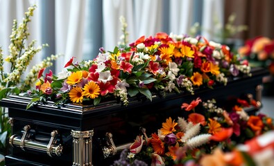 Respectful farewell at a funeral with a black casket adorned with vibrant flowers funeral flowers grief death loss ceremony floral sadness cemetery mourning dead 