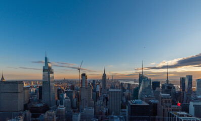 Manhattan skyscrapers seen from above at sunset