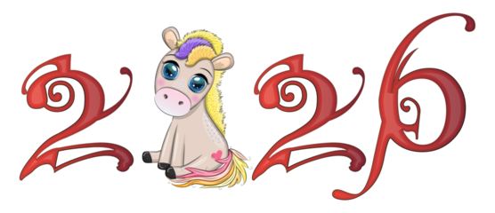 A banner for Chinese New Year 2026, combining an image of a horse and the number 2026, done in a cartoon style, the year of the horse.