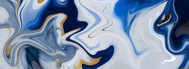 Abstract fluid art with swirling blue white and gold colors