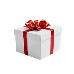 Fototapeta premium White square box tied with red ribbon and bow, isolated on black background