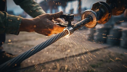Close-up of hands working on a thick metal cable with sparks flying during an industrial process.