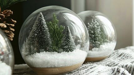 Glass snow globe with miniature trees and snow.