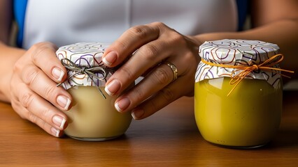 Hands sealing two small glass jars of homemade ghee or clarified butter with decorative fabric tops and twine.