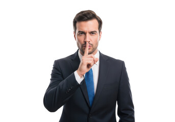 Serious businessman in dark suit and blue tie makes shushing gesture with finger to lips isolated on transparent background