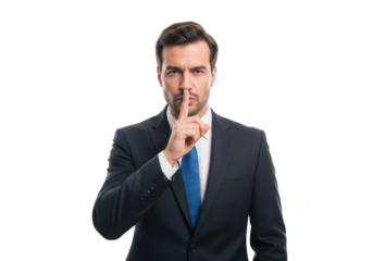 Serious businessman in dark suit and blue tie makes shushing gesture with finger to lips isolated on transparent background