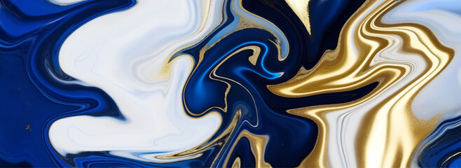 Abstract fluid art with swirling blue white and gold colors