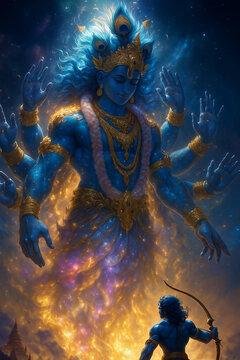 Lord Krishna Cosmic Form with Arjun in Epic Vision
