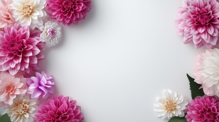 Obraz premium luxurious glossy dahlias in vivid pink and white tones arranged at the edges and corner against neutral background. Central copy space