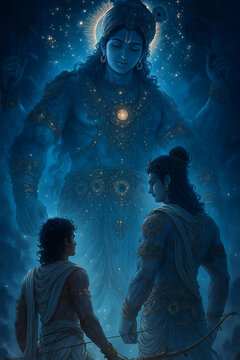 Lord Krishna Cosmic Form with Arjun in Epic Vision
