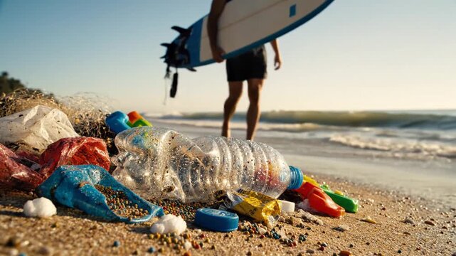 Man Walks Past Polluted Beach With Plastic Trash Washed Ashore And Surfboard Under Clear Blue Sky At Sunset
