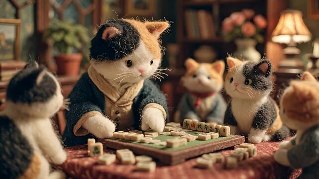 Adorable Feline Friends Gathered for a Cozy Board Game Night.