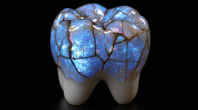 A luminous molar with cracks, showcasing the intricate details of a dental structure