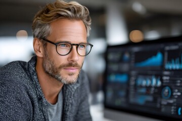 Businessman analyzing financial data on computer screen