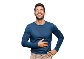 A young man with a beard and blue sweater laughs heartily with his eyes closed and hand on his stomach isolated on transparent background