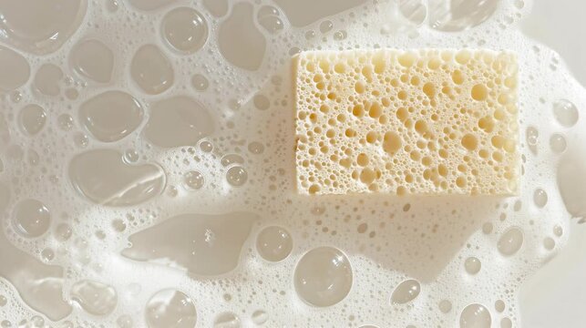 Top view of a yellow sponge in soapy water with white foam bubbles. Cleaning and hygiene background texture. Housekeeping and dishwashing concept with copy space