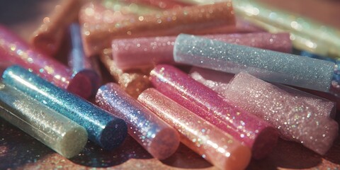 Conceptual close-up of sparkling glitter sticks in various pastel colors with vibrant bokeh and cinematic lighting.