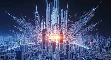 Abstract cityscape concept with futuristic buildings and glowing energy in a digital realm