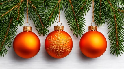 Fototapeta premium Christmas ornaments hanging from evergreen tree branches