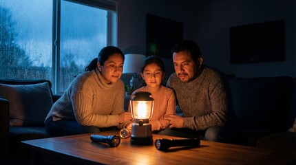 Latino family with daughter huddles around a lantern light during a stormy power outage at home in their dark living room.