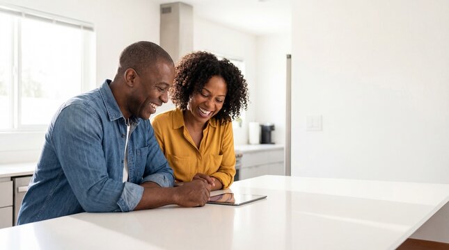 Joyful African American couple laughing together while looking at a digital tablet in their bright modern kitchen at home. - Powered by Adobe