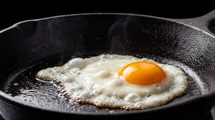 Delicious sunny side up fried egg frying in a black cast iron pan with sizzling hot oil and bubbling white texture for breakfast cooking concept