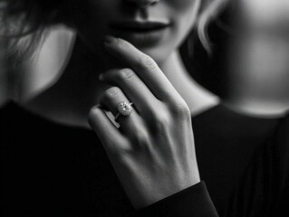 Close up of a thoughtful woman gazing with diamond ring on finger in black and white.