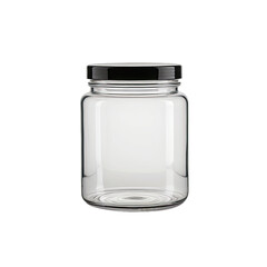 A clear, rectangular jar with a black lid against a stark black background