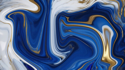 Abstract fluid art with swirling blue white and gold colors