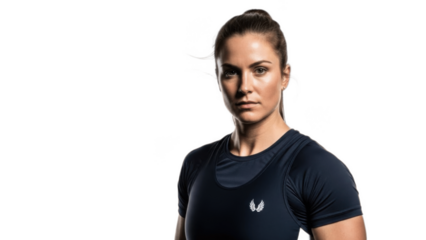 Serious female athlete in dark sportswear posing against white background, intense focused expression symbolizing power, dedication, strength training, competitive sport and active lifestyle


