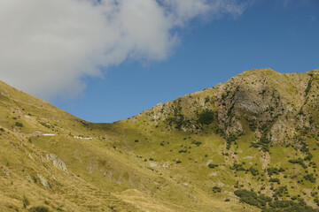 pendii e cime erbose di una catena montuosa verde, di giorno, in estate, con cielo azzurro, in Italia