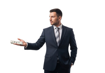 Professional businessman in a dark suit and tie holding a smartphone in his outstretched hand isolated on transparent background