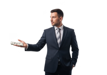 Professional businessman in a dark suit and tie holding a smartphone in his outstretched hand isolated on transparent background