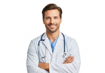 Smiling male doctor wearing white coat and stethoscope with arms crossed isolated on transparent background
