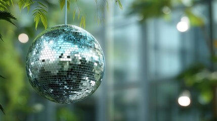 Shiny disco ball hanging in greenery