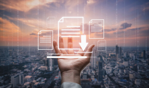 Visual representation of digital document downloading, showing file transfer, data access, and progress status for secure and efficient information retrieval Vouch - Powered by Adobe