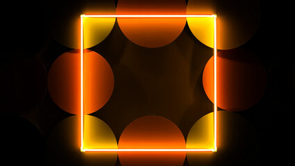 Glowing orange square neon light frame on dark background with circular patterns image