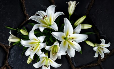 Fototapeta premium Elegant white lilies arranged on dark stone funeral flowers grief death loss ceremony floral sadness cemetery mourning dead 