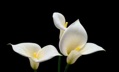 Fototapeta premium Three elegant white calla lilies isolated on black background funeral flowers grief death loss ceremony floral sadness cemetery mourning dead 