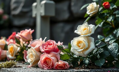 Fototapeta premium Roses adorning the grave of a loved one funeral flowers grief death loss ceremony floral sadness cemetery mourning dead 