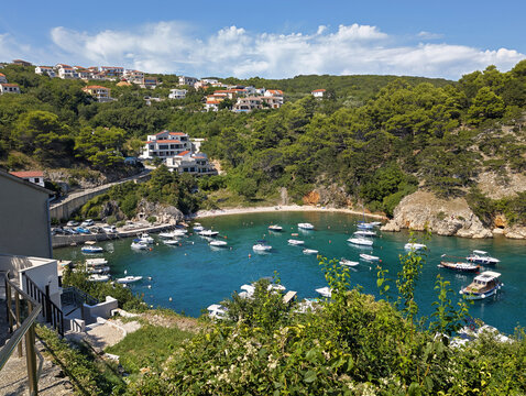 Scenic harbor bay with boats in Vrbnik on Krk Island Croatia