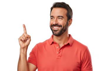 Smiling man with beard winking and pointing upwards with his index finger isolated on transparent background