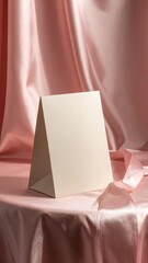 Fototapeta premium Blank White Card on Pink Satin Tablecloth with Draped Fabric