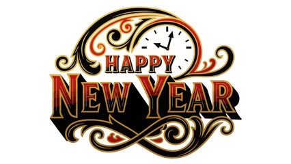 A festive graphic wishing 'Happy New Year' with a clock showing midnight and elaborate decorative swirls in black, gold, and red.