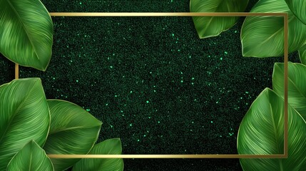 Premium layout background featuring festive glitter shimmering, golden frame and tropical leaves. New Year, Christmas party tropical