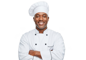 A smiling african american chef wearing a white toque and chef s coat with arms crossed isolated on transparent background