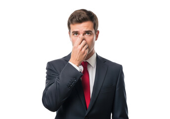 A businessman in a suit and tie pinching his nose due to an unpleasant smell isolated on transparent background
